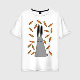 Женская футболка хлопок Oversize с принтом кролик и морковка парная в Петрозаводске, 100% хлопок | свободный крой, круглый ворот, спущенный рукав, длина до линии бедер
 | 14 февраля | все | день святого валентина | для двоих | идеи подарков | кролик и морковка | парные