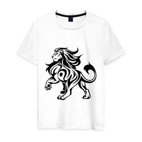 Мужская футболка хлопок с принтом Лев в Петрозаводске, 100% хлопок | прямой крой, круглый вырез горловины, длина до линии бедер, слегка спущенное плечо. | лев | трайблы и узоры | узон льва | узор | царь | царь зверей