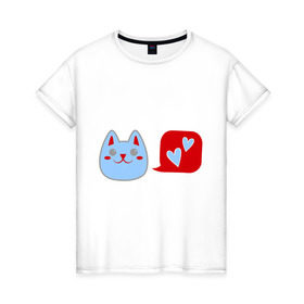 Женская футболка хлопок с принтом Любящий котейка в Петрозаводске, 100% хлопок | прямой крой, круглый вырез горловины, длина до линии бедер, слегка спущенное плечо | кошки | любовь | любящий котейка | мурка | сердечки