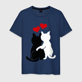 Мужская футболка хлопок с принтом Кот и кошка в Петрозаводске, 100% хлопок | прямой крой, круглый вырез горловины, длина до линии бедер, слегка спущенное плечо. | день святого валентина | идеи подарков | кот и кошка | котята | кошки | любовь | прикольные картинки | сердечки