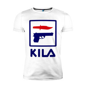 Мужская футболка премиум с принтом Kila в Петрозаводске, 92% хлопок, 8% лайкра | приталенный силуэт, круглый вырез ворота, длина до линии бедра, короткий рукав | 23 февраля | kila | выстрел | нож | пистолет | угроза