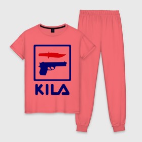 Женская пижама хлопок с принтом Kila в Петрозаводске, 100% хлопок | брюки и футболка прямого кроя, без карманов, на брюках мягкая резинка на поясе и по низу штанин | 23 февраля | kila | выстрел | нож | пистолет | угроза