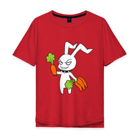 Мужская футболка хлопок Oversize с принтом Злой зайчик в Петрозаводске, 100% хлопок | свободный крой, круглый ворот, “спинка” длиннее передней части | Тематика изображения на принте: животные | зайка | злой зайчик | кролик | морковка | прикольные картинки
