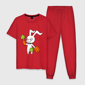 Мужская пижама хлопок с принтом Злой зайчик в Петрозаводске, 100% хлопок | брюки и футболка прямого кроя, без карманов, на брюках мягкая резинка на поясе и по низу штанин
 | Тематика изображения на принте: животные | зайка | злой зайчик | кролик | морковка | прикольные картинки