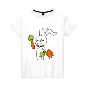 Женская футболка хлопок с принтом Злой зайчик в Петрозаводске, 100% хлопок | прямой крой, круглый вырез горловины, длина до линии бедер, слегка спущенное плечо | Тематика изображения на принте: животные | зайка | злой зайчик | кролик | морковка | прикольные картинки