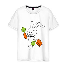 Мужская футболка хлопок с принтом Злой зайчик в Петрозаводске, 100% хлопок | прямой крой, круглый вырез горловины, длина до линии бедер, слегка спущенное плечо. | животные | зайка | злой зайчик | кролик | морковка | прикольные картинки