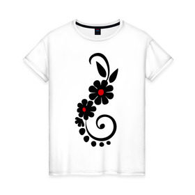 Женская футболка хлопок с принтом Цветочный орнамент в Петрозаводске, 100% хлопок | прямой крой, круглый вырез горловины, длина до линии бедер, слегка спущенное плечо | 