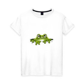 Женская футболка хлопок с принтом Жаба в Петрозаводске, 100% хлопок | прямой крой, круглый вырез горловины, длина до линии бедер, слегка спущенное плечо | жаба | лягушка | няшка | позитив и смайлы | прикольные картинки