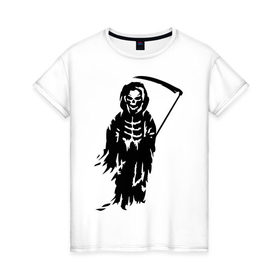 Женская футболка хлопок с принтом Смерть в Петрозаводске, 100% хлопок | прямой крой, круглый вырез горловины, длина до линии бедер, слегка спущенное плечо | скелет