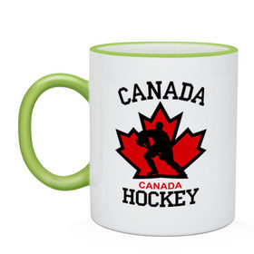 Кружка двухцветная с принтом Канада хоккей (Canada Hockey) в Петрозаводске, керамика | объем — 330 мл, диаметр — 80 мм. Цветная ручка и кайма сверху, в некоторых цветах — вся внутренняя часть | Тематика изображения на принте: canada hockey | канада хоккей | лед | спорт | хоккей | шайба