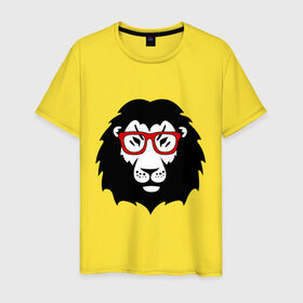 Мужская футболка хлопок с принтом Лев в очках в Петрозаводске, 100% хлопок | прямой крой, круглый вырез горловины, длина до линии бедер, слегка спущенное плечо. | грива | животные | лев в очках | очки | прикольные картинки | царь | царь зверей