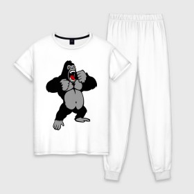 Женская пижама хлопок с принтом Злая горилла в Петрозаводске, 100% хлопок | брюки и футболка прямого кроя, без карманов, на брюках мягкая резинка на поясе и по низу штанин | горилла | животные | злая горилла | обезьяна
