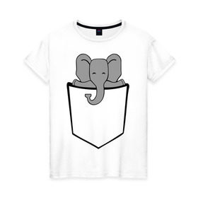 Женская футболка хлопок с принтом Слон в кармашке в Петрозаводске, 100% хлопок | прямой крой, круглый вырез горловины, длина до линии бедер, слегка спущенное плечо | слон