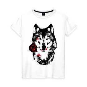 Женская футболка хлопок с принтом Модный дизайн - Волк и Роза в Петрозаводске, 100% хлопок | прямой крой, круглый вырез горловины, длина до линии бедер, слегка спущенное плечо | волки | модный дизайн   волк и роза | прикольные картинки | роза | цветы