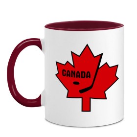 Кружка двухцветная с принтом Canada hockey (Канадский хоккей) в Петрозаводске, керамика | объем — 330 мл, диаметр — 80 мм. Цветная ручка и кайма сверху, в некоторых цветах — вся внутренняя часть | Тематика изображения на принте: canada hockey | калиновый лист | канадский хоккей | спорт | хоккей