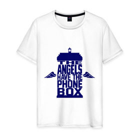 Мужская футболка хлопок с принтом The angels have the phone box в Петрозаводске, 100% хлопок | прямой крой, круглый вырез горловины, длина до линии бедер, слегка спущенное плечо. | крылья