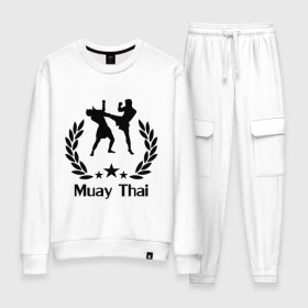 Женский костюм хлопок с принтом Muay Thai (Тайский бокс) в Петрозаводске, 100% хлопок | на свитшоте круглая горловина, мягкая резинка по низу. Брюки заужены к низу, на них два вида карманов: два 