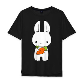 Мужская футболка хлопок Oversize с принтом Зайчик с морковкой в Петрозаводске, 100% хлопок | свободный крой, круглый ворот, “спинка” длиннее передней части | белый кролик | животные | зайчик | зайчик с морковкой | морковь