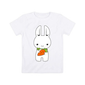 Детская футболка хлопок с принтом Зайчик с морковкой в Петрозаводске, 100% хлопок | круглый вырез горловины, полуприлегающий силуэт, длина до линии бедер | Тематика изображения на принте: белый кролик | животные | зайчик | зайчик с морковкой | морковь