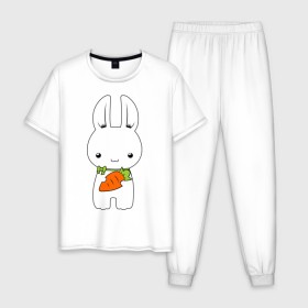 Мужская пижама хлопок с принтом Зайчик с морковкой в Петрозаводске, 100% хлопок | брюки и футболка прямого кроя, без карманов, на брюках мягкая резинка на поясе и по низу штанин
 | белый кролик | животные | зайчик | зайчик с морковкой | морковь