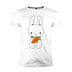 Мужская футболка премиум с принтом Зайчик с морковкой в Петрозаводске, 92% хлопок, 8% лайкра | приталенный силуэт, круглый вырез ворота, длина до линии бедра, короткий рукав | Тематика изображения на принте: белый кролик | животные | зайчик | зайчик с морковкой | морковь