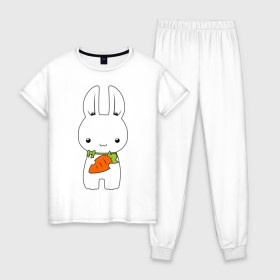 Женская пижама хлопок с принтом Зайчик с морковкой в Петрозаводске, 100% хлопок | брюки и футболка прямого кроя, без карманов, на брюках мягкая резинка на поясе и по низу штанин | белый кролик | животные | зайчик | зайчик с морковкой | морковь