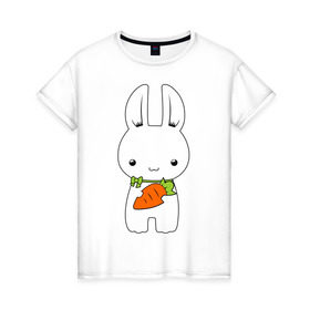 Женская футболка хлопок с принтом Зайчик с морковкой в Петрозаводске, 100% хлопок | прямой крой, круглый вырез горловины, длина до линии бедер, слегка спущенное плечо | белый кролик | животные | зайчик | зайчик с морковкой | морковь