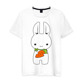 Мужская футболка хлопок с принтом Зайчик с морковкой в Петрозаводске, 100% хлопок | прямой крой, круглый вырез горловины, длина до линии бедер, слегка спущенное плечо. | белый кролик | животные | зайчик | зайчик с морковкой | морковь