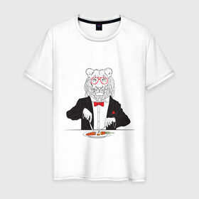 Мужская футболка хлопок с принтом Лев вегетарианец в Петрозаводске, 100% хлопок | прямой крой, круглый вырез горловины, длина до линии бедер, слегка спущенное плечо. | Тематика изображения на принте: еда | животные | лев | лев вегетарианец | очки | прикольные картинки | хипстер