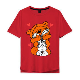 Мужская футболка хлопок Oversize с принтом Мишка с зайкой в Петрозаводске, 100% хлопок | свободный крой, круглый ворот, “спинка” длиннее передней части | зайкой | заяц | кролик | любовь | медведь | мишка