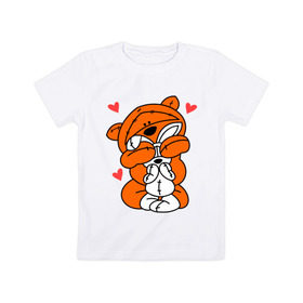 Детская футболка хлопок с принтом Мишка с зайкой в Петрозаводске, 100% хлопок | круглый вырез горловины, полуприлегающий силуэт, длина до линии бедер | Тематика изображения на принте: зайкой | заяц | кролик | любовь | медведь | мишка