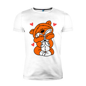 Мужская футболка премиум с принтом Мишка с зайкой в Петрозаводске, 92% хлопок, 8% лайкра | приталенный силуэт, круглый вырез ворота, длина до линии бедра, короткий рукав | зайкой | заяц | кролик | любовь | медведь | мишка