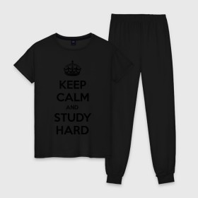 Женская пижама хлопок с принтом Keep calm and study hard в Петрозаводске, 100% хлопок | брюки и футболка прямого кроя, без карманов, на брюках мягкая резинка на поясе и по низу штанин | keep calm and study hard | студенческие | учиться | школа