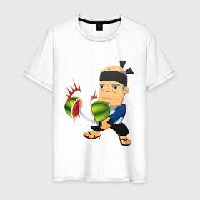 Мужская футболка хлопок с принтом Fruit Ninja в Петрозаводске, 100% хлопок | прямой крой, круглый вырез горловины, длина до линии бедер, слегка спущенное плечо. | fruit ninja | игры | мобильные игры | ниньзя | фруктовый ниньзя | фрукты
