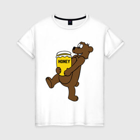 Женская футболка хлопок с принтом Медведь с медом в Петрозаводске, 100% хлопок | прямой крой, круглый вырез горловины, длина до линии бедер, слегка спущенное плечо | животные | медведь с медом медведь мед | сладкое