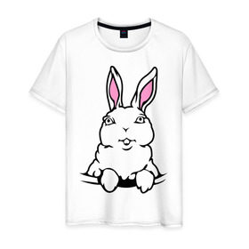 Мужская футболка хлопок с принтом Зайчик в кармашке в Петрозаводске, 100% хлопок | прямой крой, круглый вырез горловины, длина до линии бедер, слегка спущенное плечо. | белый кролик | животные | зайка | зайчик в кармашке | кролик