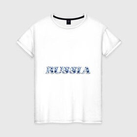Женская футболка хлопок с принтом Russia gzhel в Петрозаводске, 100% хлопок | прямой крой, круглый вырез горловины, длина до линии бедер, слегка спущенное плечо | russia gzhel | гжель | русский стиль | я русский