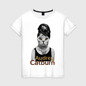 Женская футболка хлопок с принтом Audrey Catburn в Петрозаводске, 100% хлопок | прямой крой, круглый вырез горловины, длина до линии бедер, слегка спущенное плечо | 