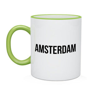 Кружка двухцветная с принтом Amsterdam в Петрозаводске, керамика | объем — 330 мл, диаметр — 80 мм. Цветная ручка и кайма сверху, в некоторых цветах — вся внутренняя часть | Тематика изображения на принте: amsterdam | амстердам | голландия | туристические