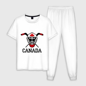 Мужская пижама хлопок с принтом Canada (Канадский хоккей) в Петрозаводске, 100% хлопок | брюки и футболка прямого кроя, без карманов, на брюках мягкая резинка на поясе и по низу штанин
 | canada | канадский | клюшка | спорт | хоккей | шайба
