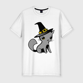 Мужская футболка премиум с принтом Кошка в шляпе в Петрозаводске, 92% хлопок, 8% лайкра | приталенный силуэт, круглый вырез ворота, длина до линии бедра, короткий рукав | ведьма | киска | кошка в шляпе | кошки | мурка | прикольные картинки