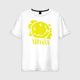 Женская футболка хлопок Oversize с принтом смайл NIRVANA в Петрозаводске, 100% хлопок | свободный крой, круглый ворот, спущенный рукав, длина до линии бедер
 | kurt cobain | nirvana | rock | курт кобейн | нирвана | рожица | рок | смайл | смайлик | улыбка