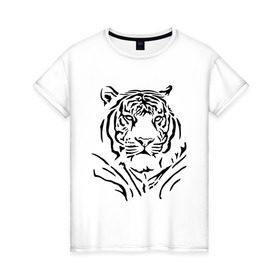 Женская футболка хлопок с принтом Величественный тигр в Петрозаводске, 100% хлопок | прямой крой, круглый вырез горловины, длина до линии бедер, слегка спущенное плечо | величественный тигр | животные | полосы | хищник