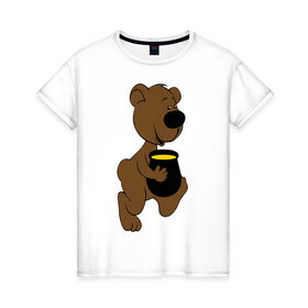 Женская футболка хлопок с принтом Мишка с медом в Петрозаводске, 100% хлопок | прямой крой, круглый вырез горловины, длина до линии бедер, слегка спущенное плечо | животные | мед | медвежонок | мишка | мишка с медом