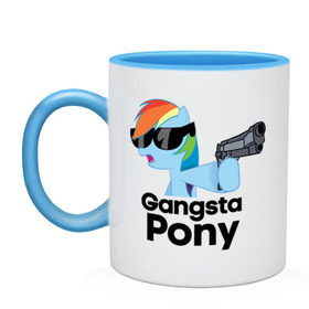 Кружка двухцветная с принтом Gangsta pony в Петрозаводске, керамика | объем — 330 мл, диаметр — 80 мм. Цветная ручка и кайма сверху, в некоторых цветах — вся внутренняя часть | gangsta pony | my little pony | pony | брони | ганста пони | оружие | очки | пистолет | пони