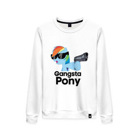 Женский свитшот хлопок с принтом Gangsta pony в Петрозаводске, 100% хлопок | прямой крой, круглый вырез, на манжетах и по низу широкая трикотажная резинка  | gangsta pony | my little pony | pony | брони | ганста пони | оружие | очки | пистолет | пони