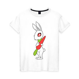 Женская футболка хлопок с принтом Зайка с морковкой в Петрозаводске, 100% хлопок | прямой крой, круглый вырез горловины, длина до линии бедер, слегка спущенное плечо | животны | зайка с морковкой | займа | заяц | милый | морковка