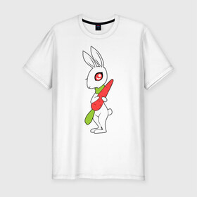 Мужская футболка премиум с принтом Зайка с морковкой в Петрозаводске, 92% хлопок, 8% лайкра | приталенный силуэт, круглый вырез ворота, длина до линии бедра, короткий рукав | Тематика изображения на принте: животны | зайка с морковкой | займа | заяц | милый | морковка