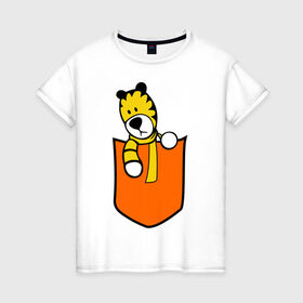 Женская футболка хлопок с принтом Тигра в кармане в Петрозаводске, 100% хлопок | прямой крой, круглый вырез горловины, длина до линии бедер, слегка спущенное плечо | животные | карман | полоски | тигр | тигра в кармане | шарф
