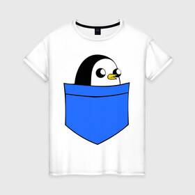 Женская футболка хлопок с принтом Пингвин в кармане в Петрозаводске, 100% хлопок | прямой крой, круглый вырез горловины, длина до линии бедер, слегка спущенное плечо | пингвин